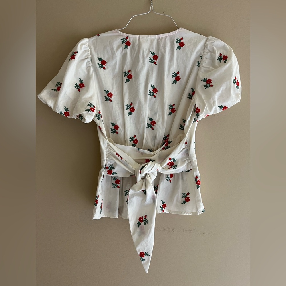 Anthropologie White Embroidered Blouse w/ Waist Tie - Picture 3 of 6